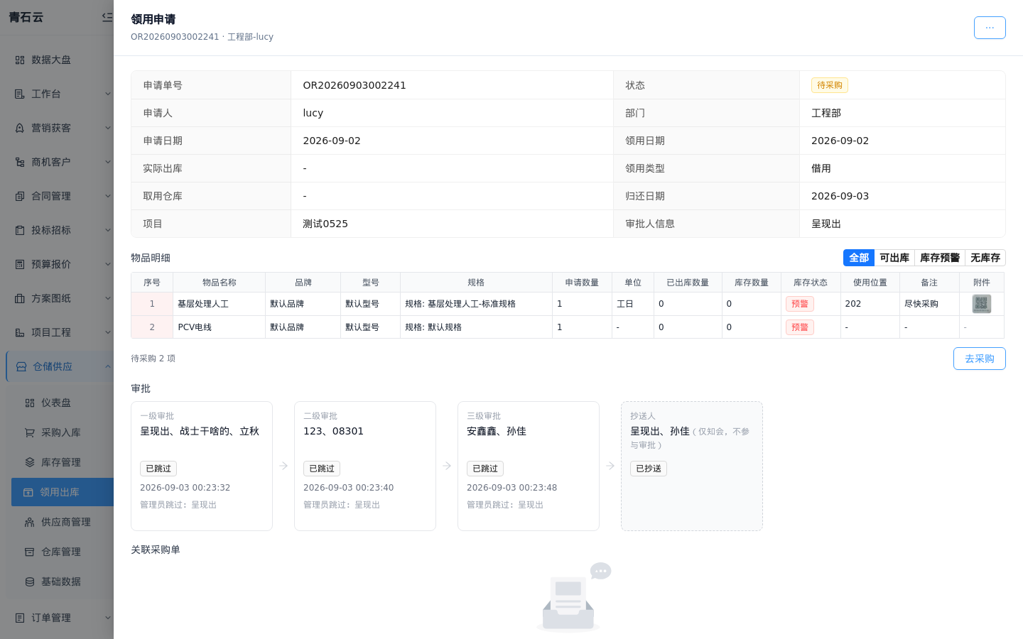 领用申请详情：横向一级至三级审批节点卡片与抄送人