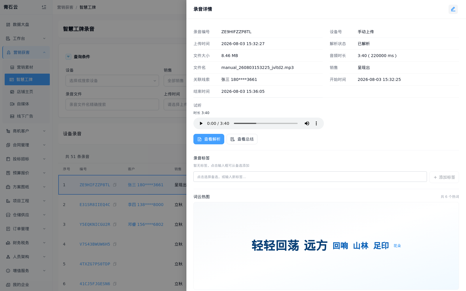 录音详情抽屉：基础信息、试听、查看解析与总结、标签与词云